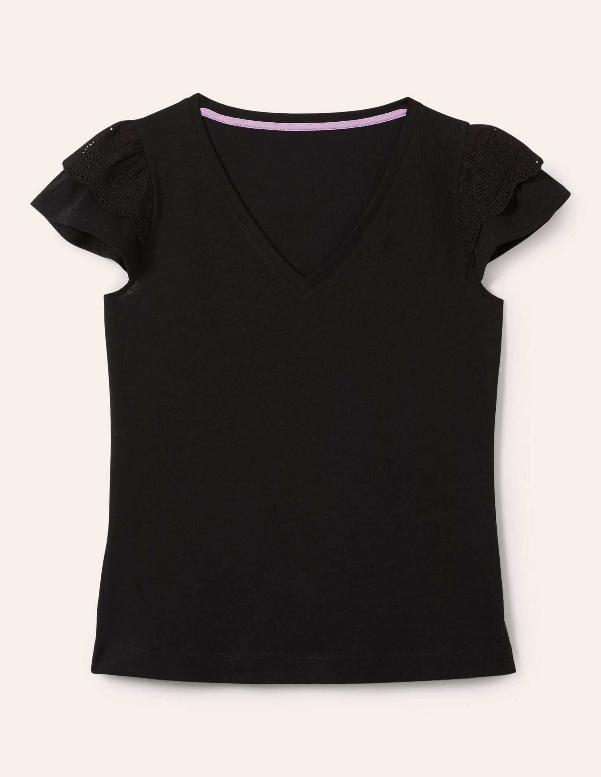 Broderie Cotton V-Neck T-Shirt-Black-6