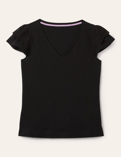 Broderie Cotton V-Neck T-Shirt-Black-6