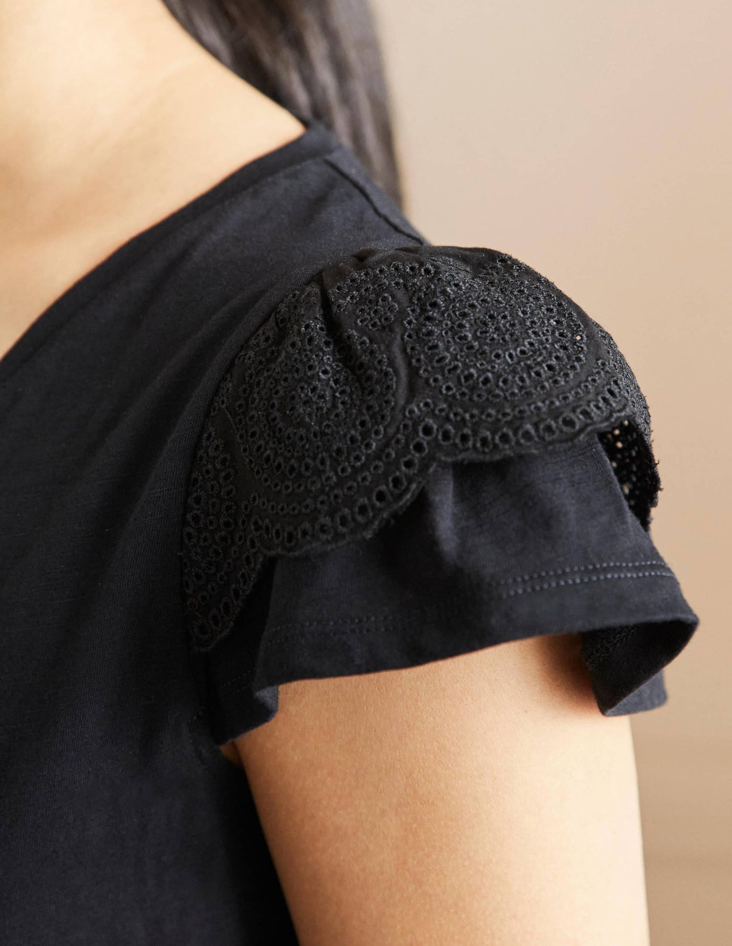 Broderie Cotton V-Neck T-Shirt-Black