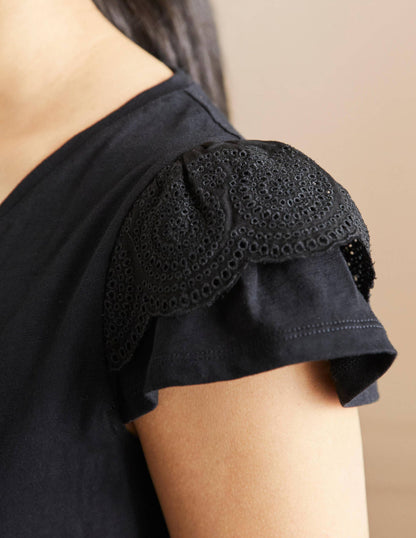 Broderie Cotton V-Neck T-Shirt-Black-2