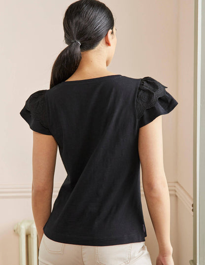 Broderie Cotton V-Neck T-Shirt-Black-3