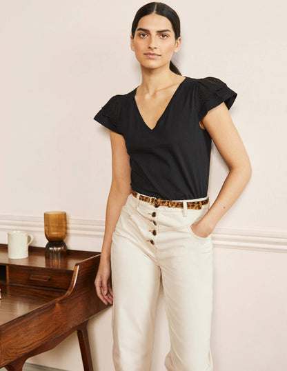 Broderie Cotton V-Neck T-Shirt-Black-4