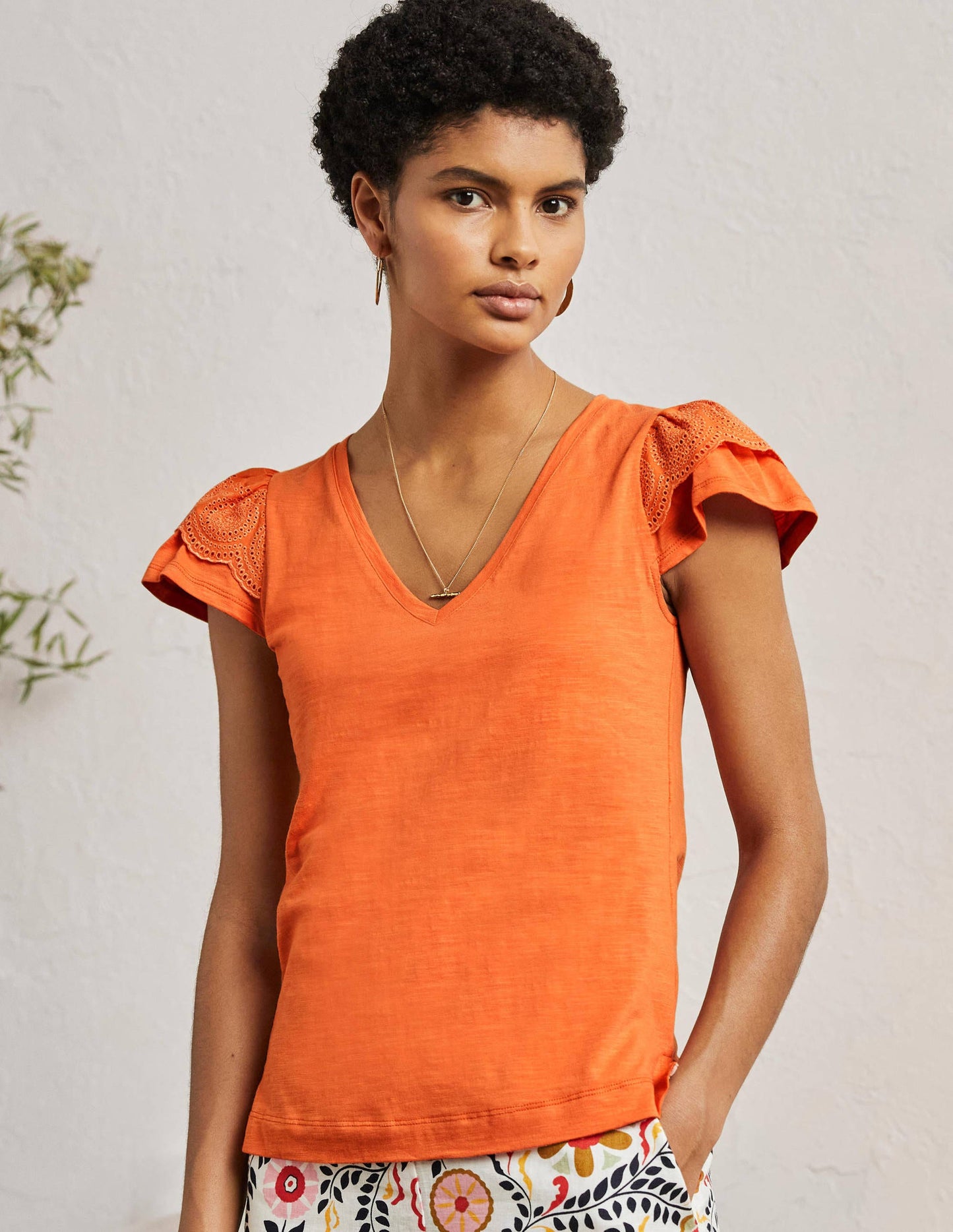 Broderie Cotton V-Neck T-Shirt-Dusty Orange