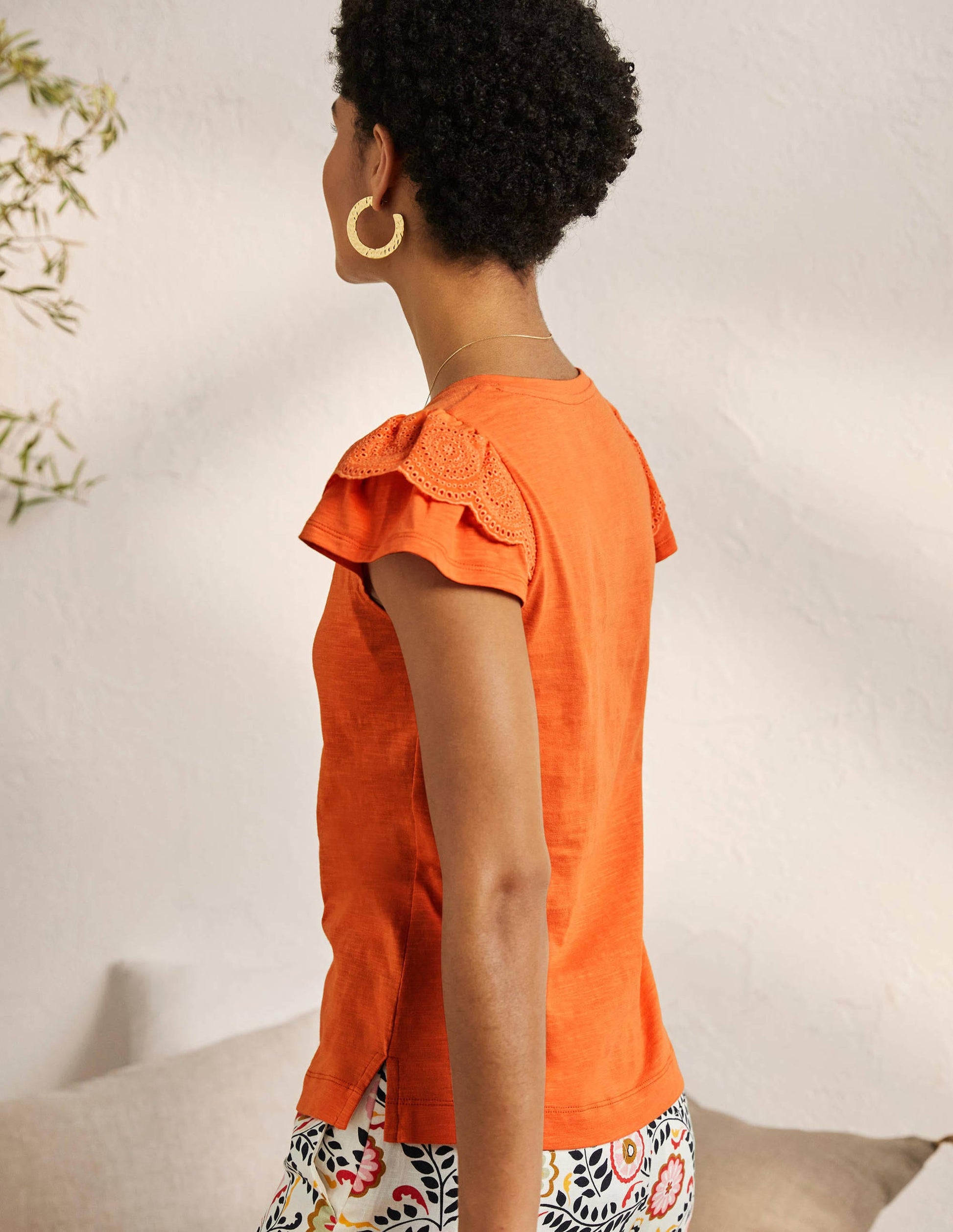 Broderie Cotton V-Neck T-Shirt-Dusty Orange-3