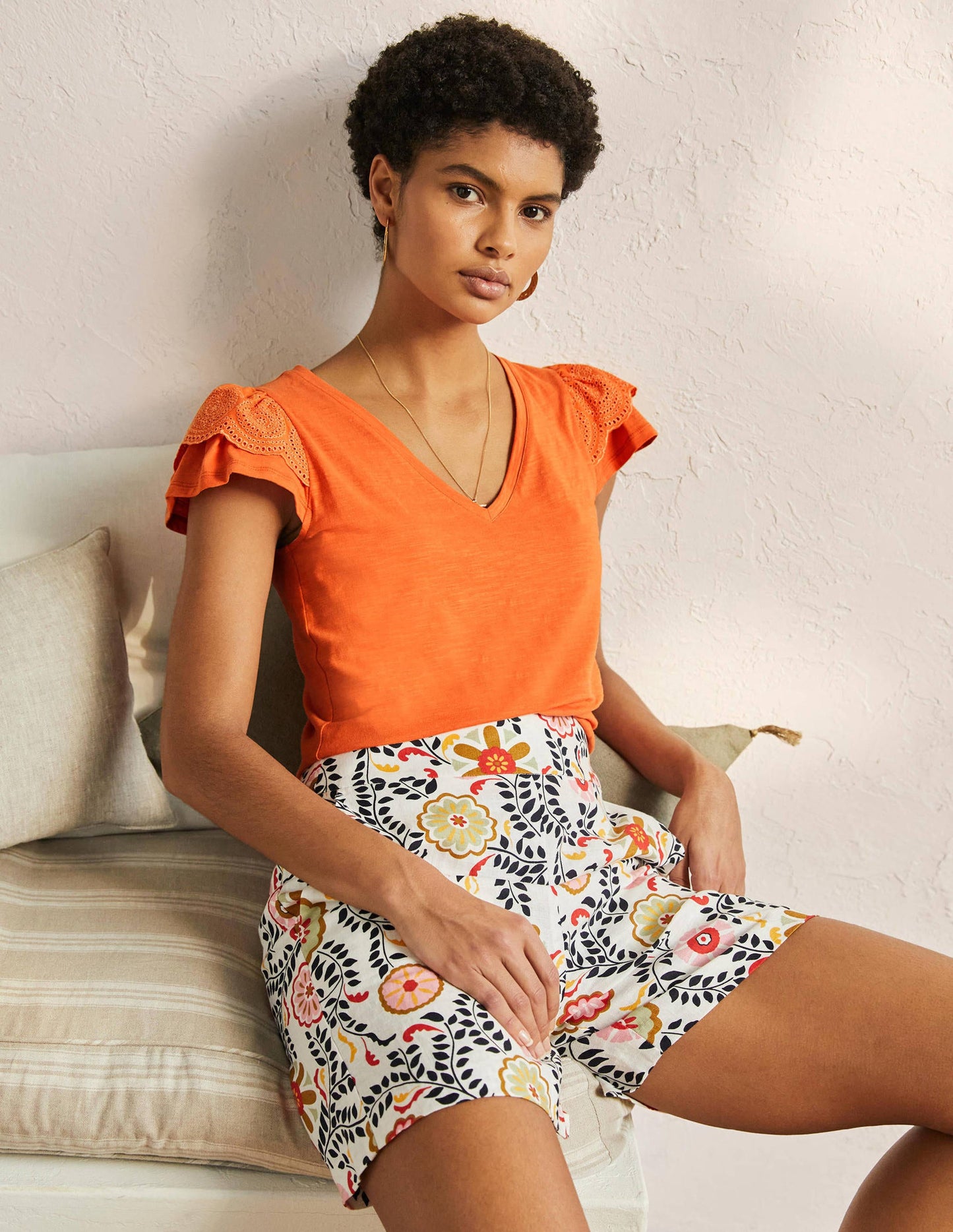 Broderie Cotton V-Neck T-Shirt-Dusty Orange