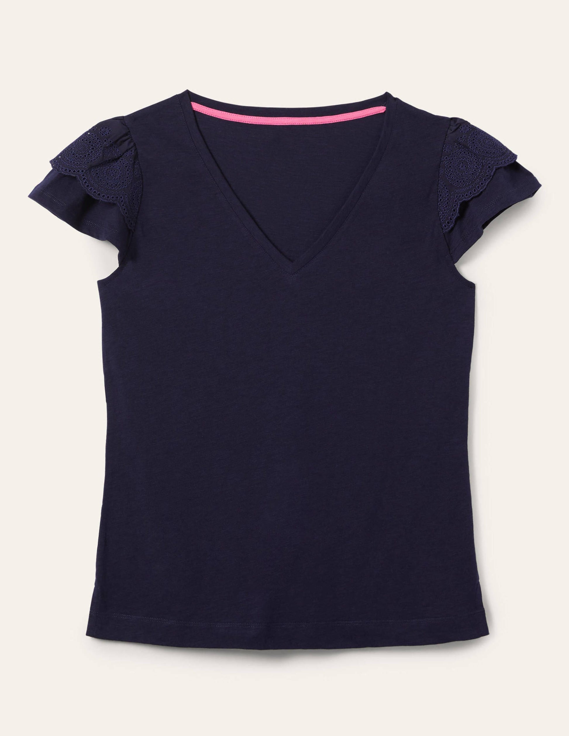 Broderie Cotton V-Neck T-Shirt-Navy-5