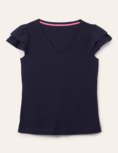 Broderie Cotton V-Neck T-Shirt-Navy-5