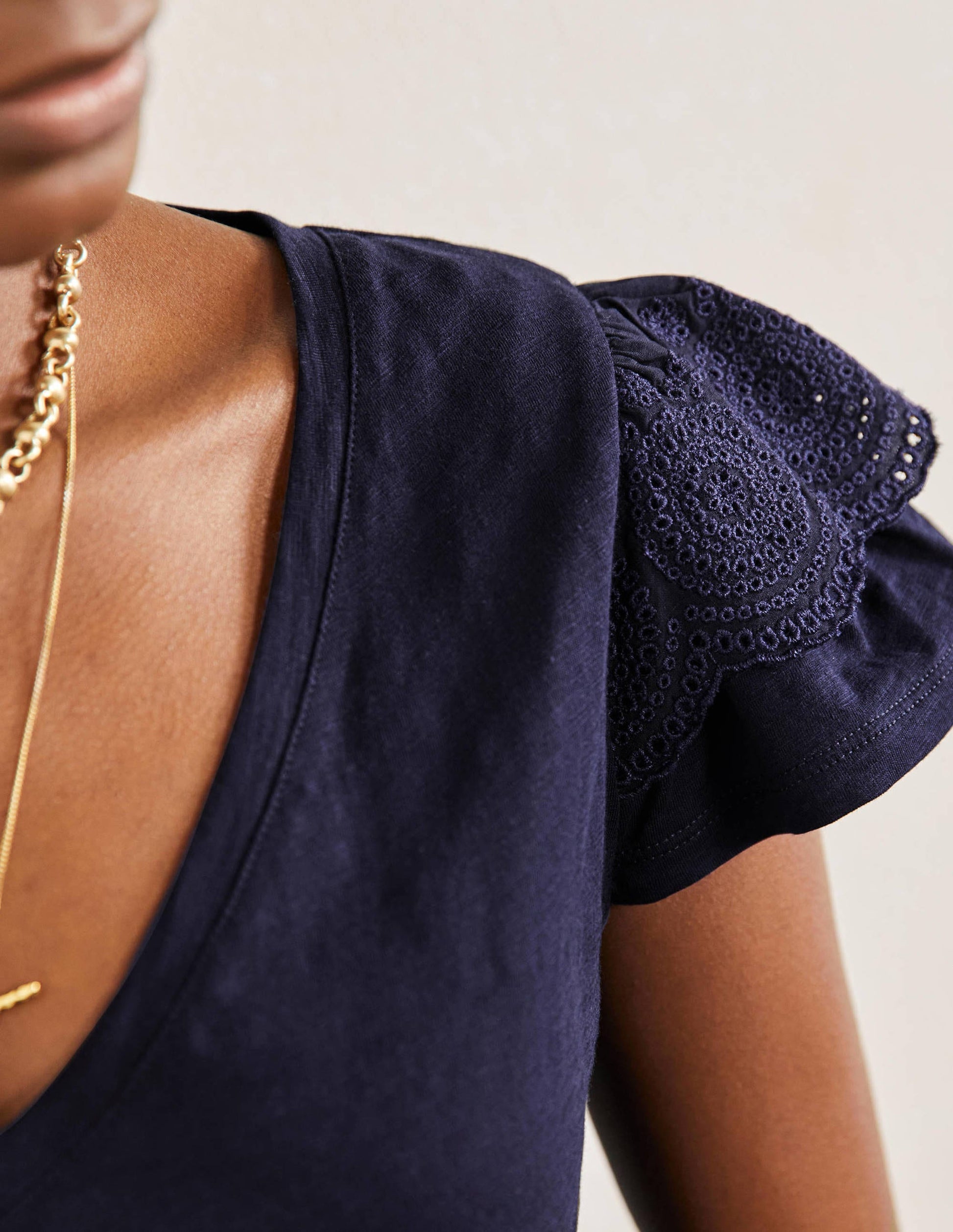 Broderie Cotton V-Neck T-Shirt-Navy-2