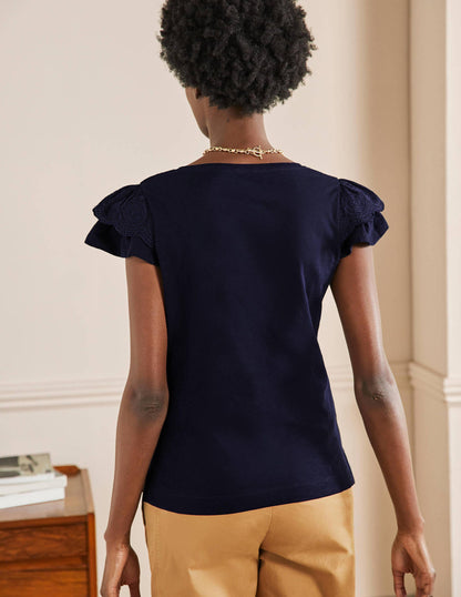 Broderie Cotton V-Neck T-Shirt-Navy-3