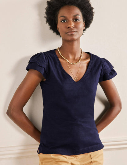 Broderie Cotton V-Neck T-Shirt-Navy-4