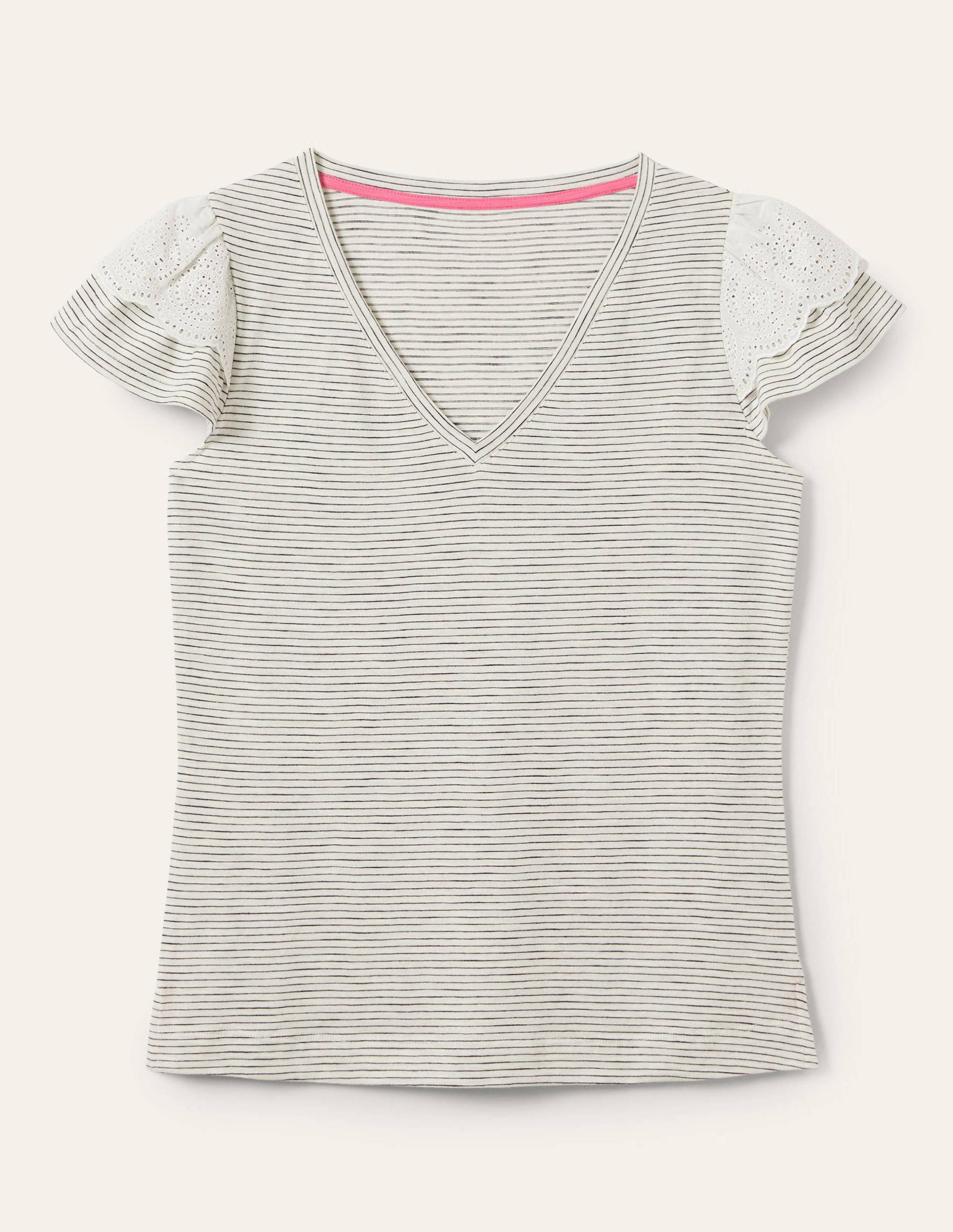 Broderie Cotton V-Neck T-Shirt-Ivory / Navy Stripe-5