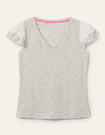 Broderie Cotton V-Neck T-Shirt-Ivory / Navy Stripe-5