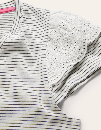 Broderie Cotton V-Neck T-Shirt-Ivory / Navy Stripe-6