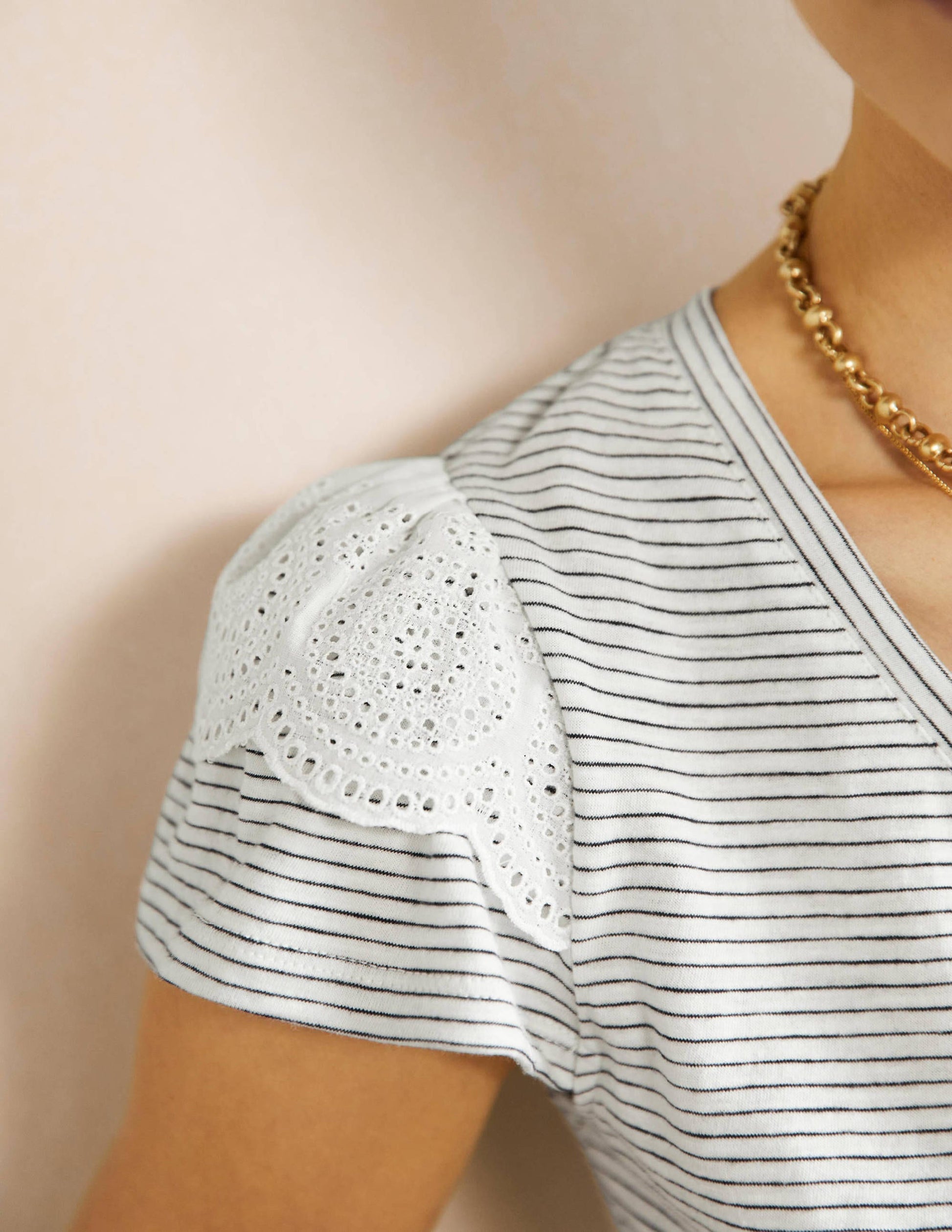 Broderie Cotton V-Neck T-Shirt-Ivory / Navy Stripe-2