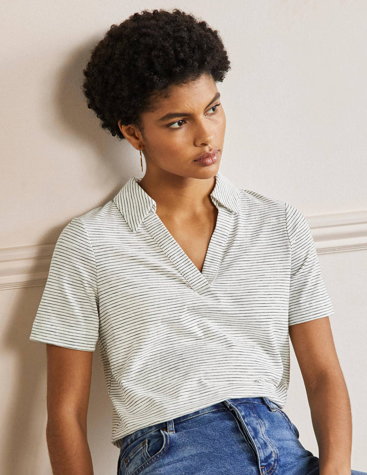 Cotton Polo Top-Ivory / Navy Stripe