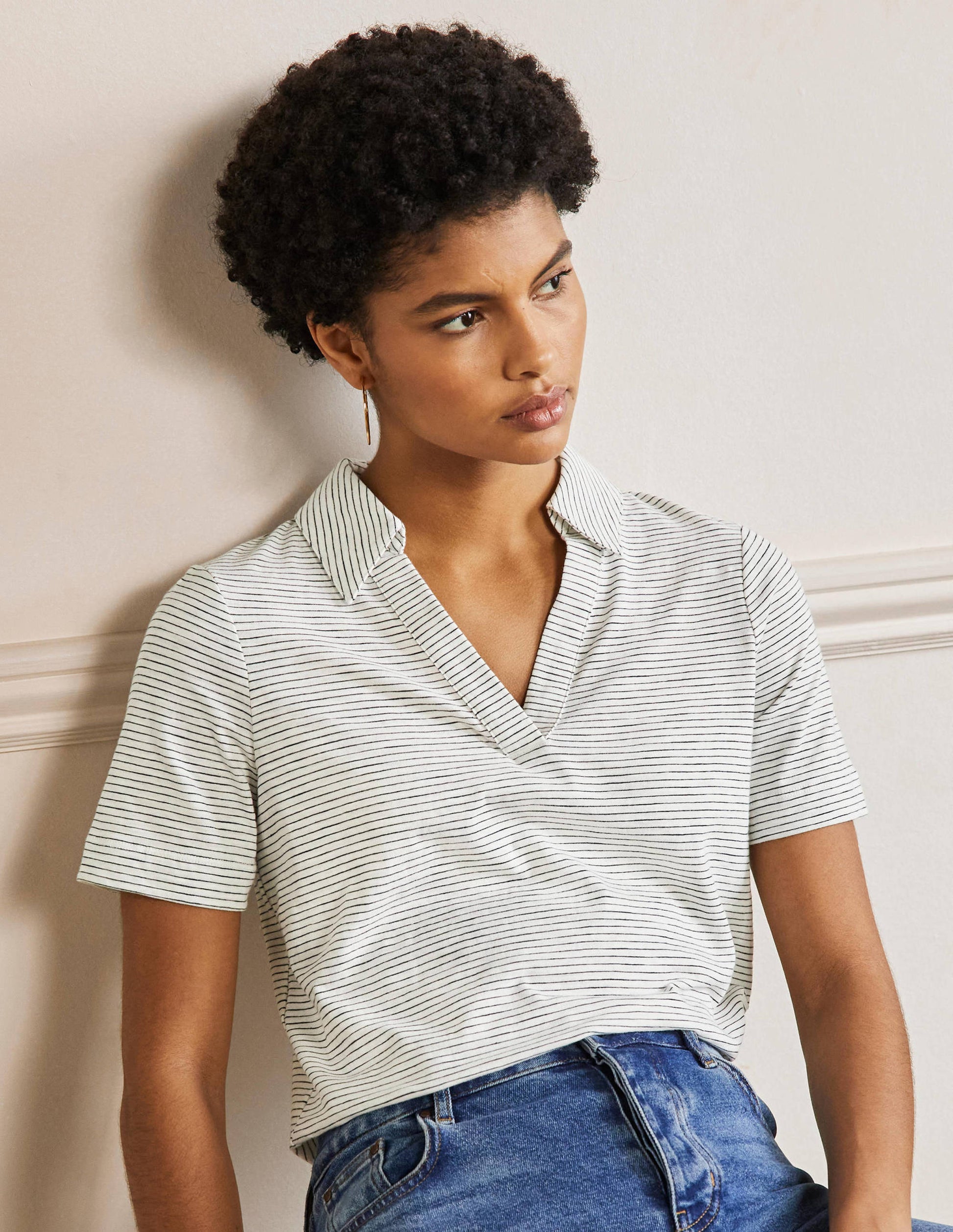Cotton Polo Top-Ivory / Navy Stripe-1