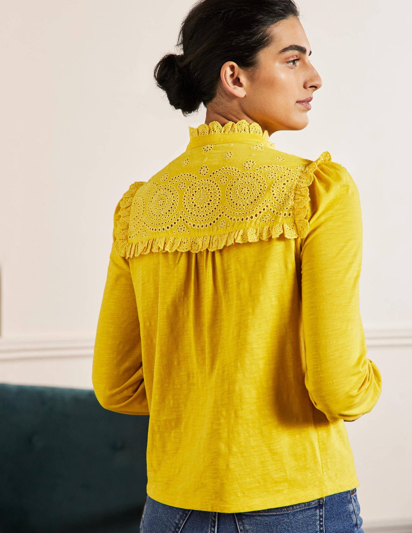 Broderie Yoke Jersey Top-Honeycomb