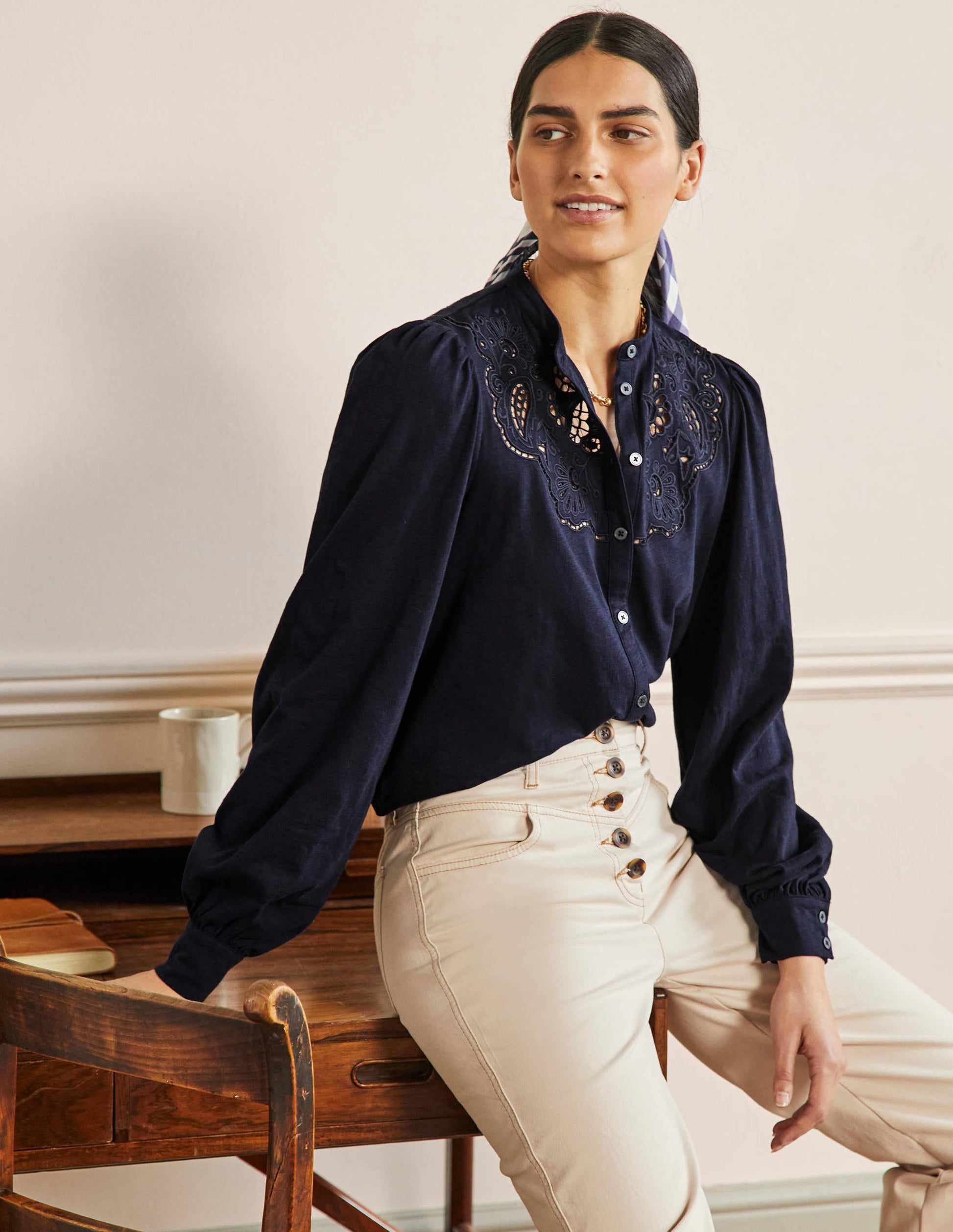 Cut Work Jersey Shirt-Navy-1