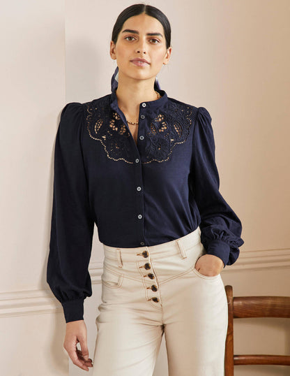 Cut Work Jersey Shirt-Navy-4