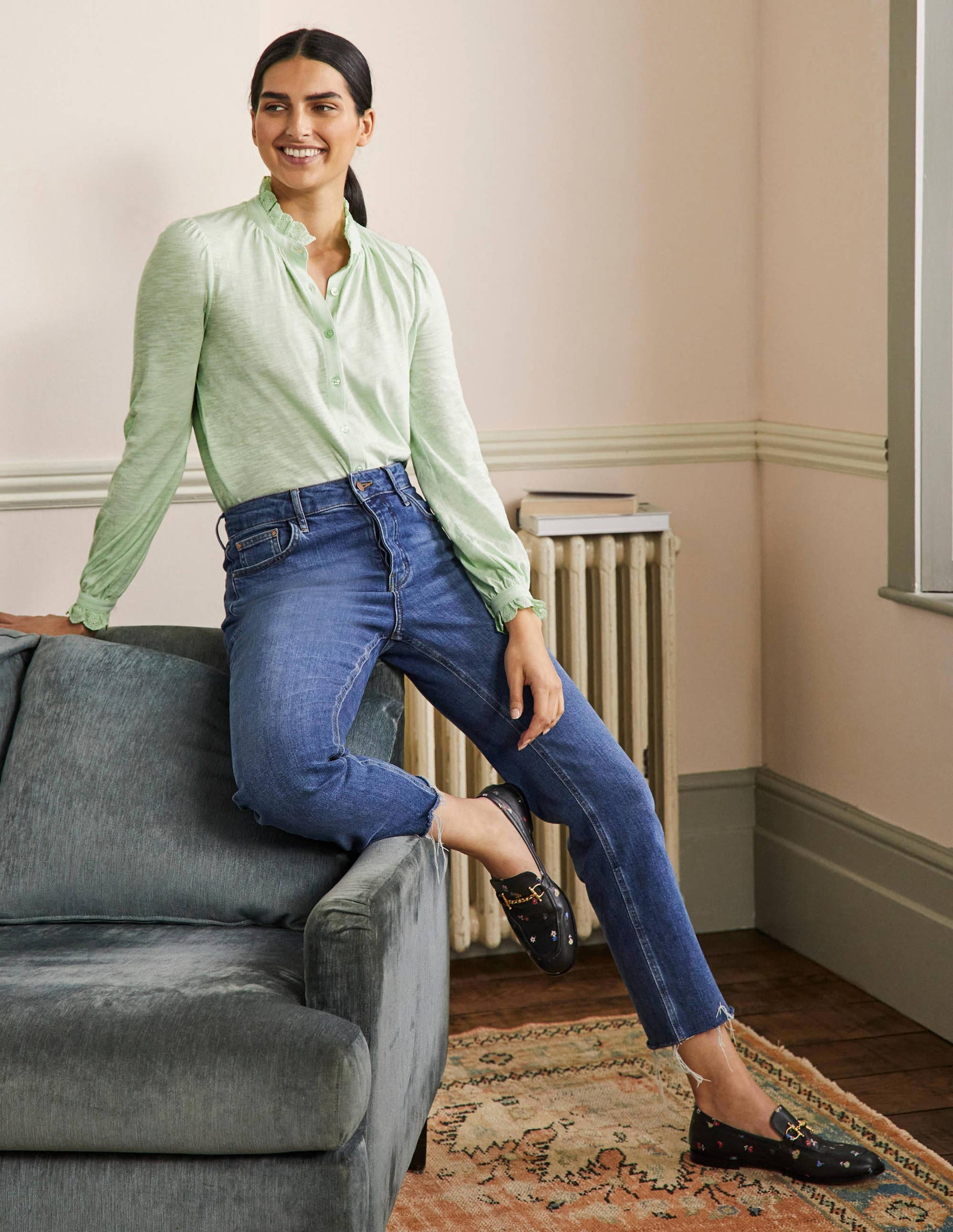 Broderie Trim Jersey Shirt-Avocado Cream-4