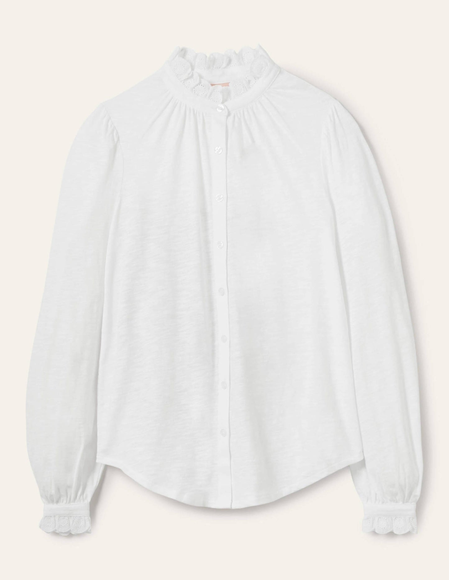 Broderie Trim Jersey Shirt-White