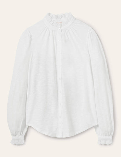 Broderie Trim Jersey Shirt-White-5