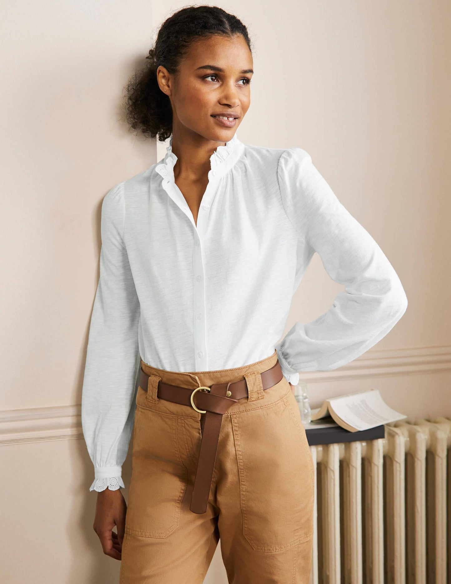 Broderie Trim Jersey Shirt-White