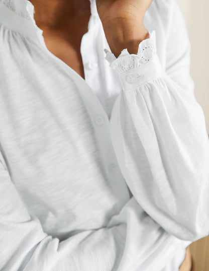 Broderie Trim Jersey Shirt-White-2