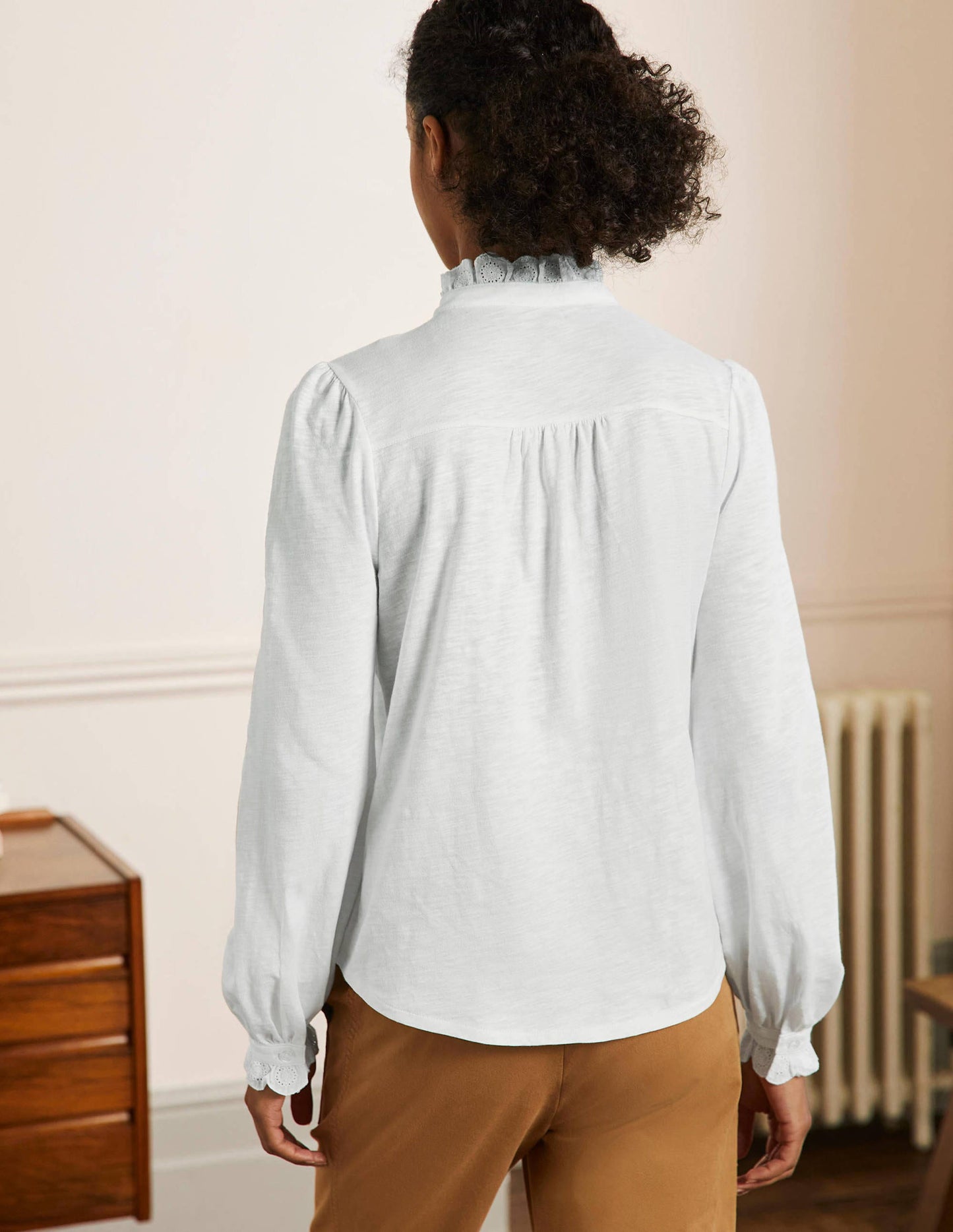 Broderie Trim Jersey Shirt-White