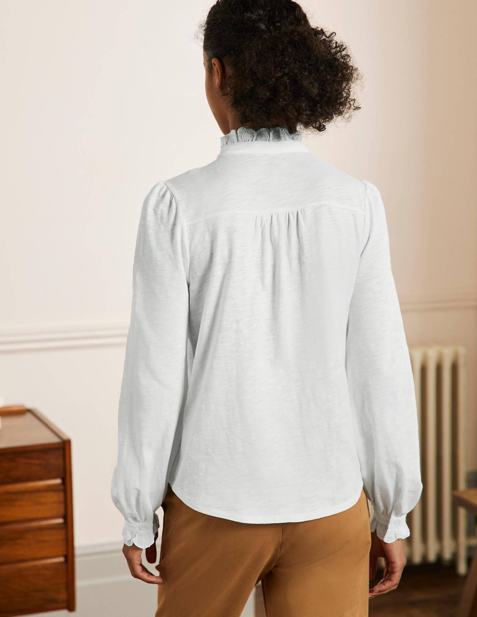 Broderie Trim Jersey Shirt-White-3