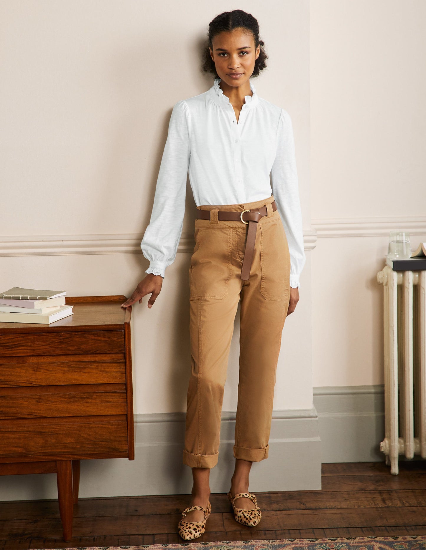 Broderie Trim Jersey Shirt-White