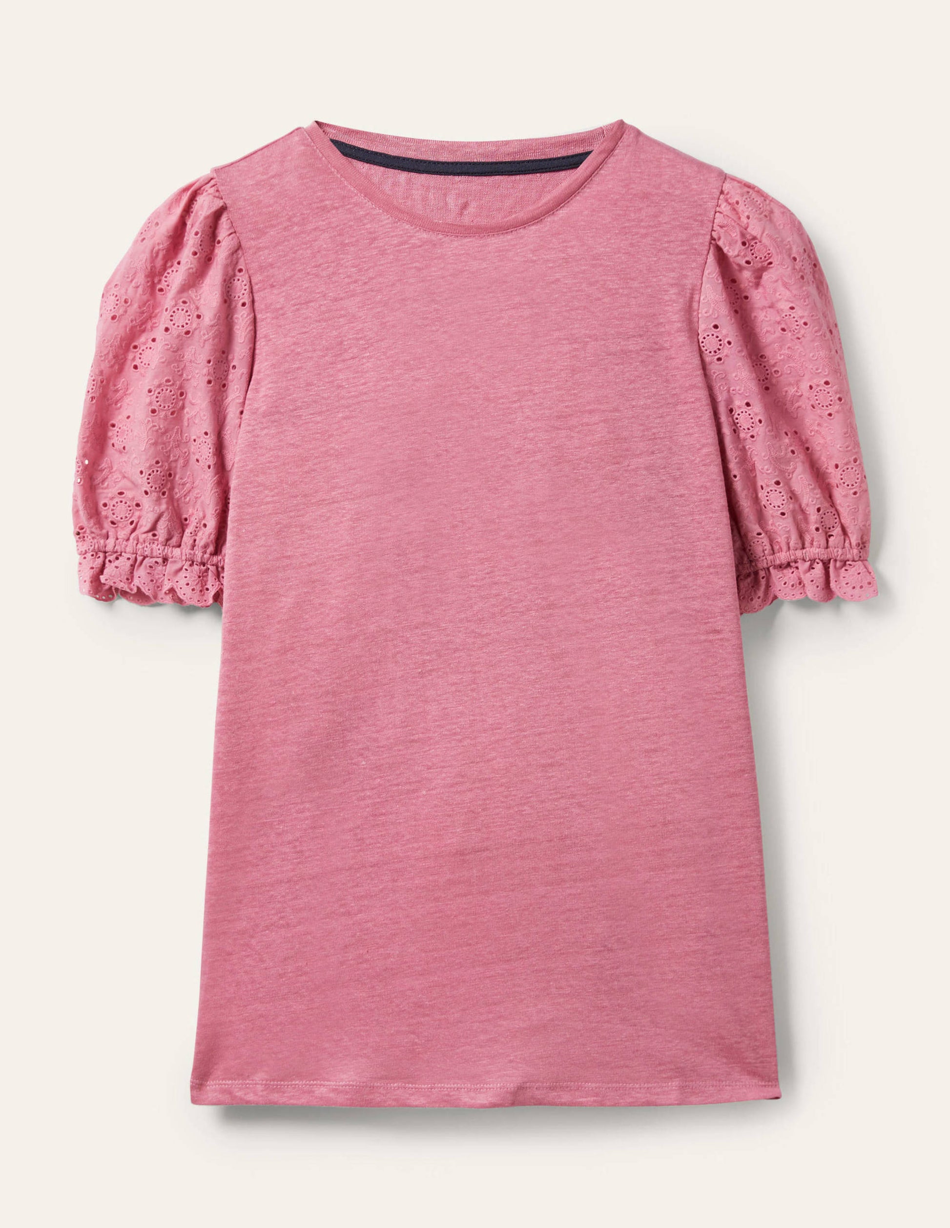 Broderie Sleeve Linen T-Shirt-Posy Pink-5