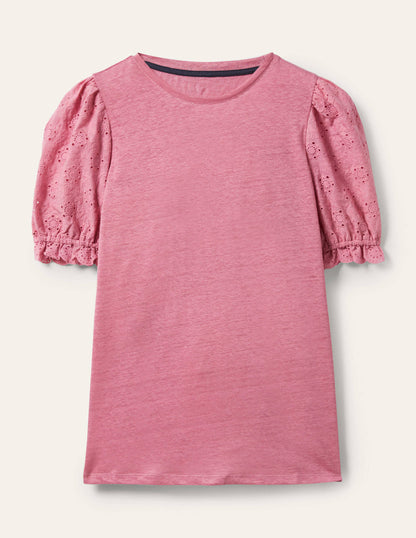 Broderie Sleeve Linen T-Shirt-Posy Pink-5