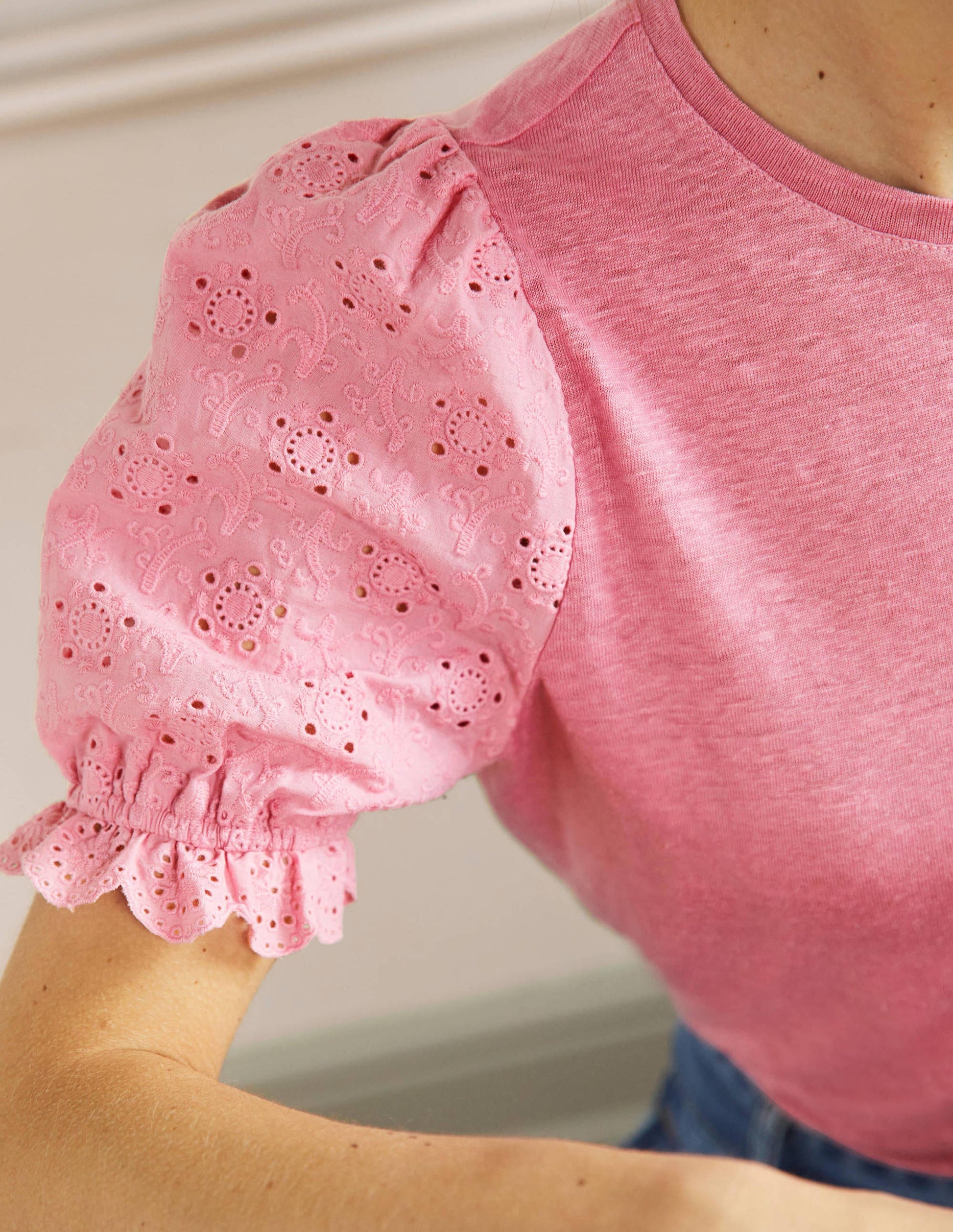 Broderie Sleeve Linen T-Shirt-Posy Pink-2