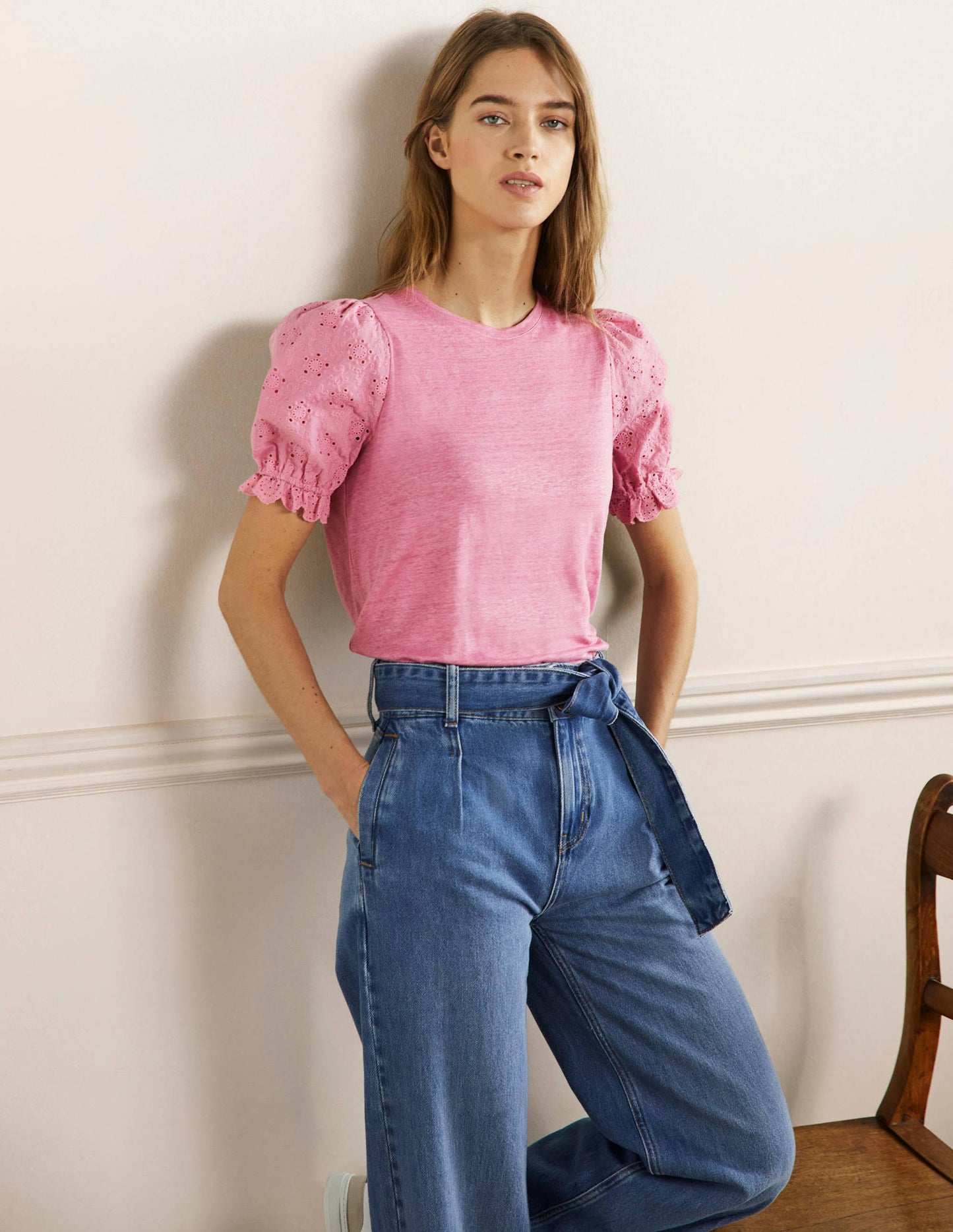 Broderie Sleeve Linen T-Shirt-Posy Pink