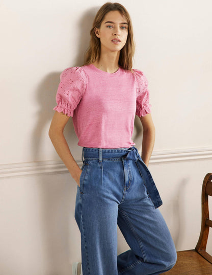 Broderie Sleeve Linen T-Shirt-Posy Pink-4