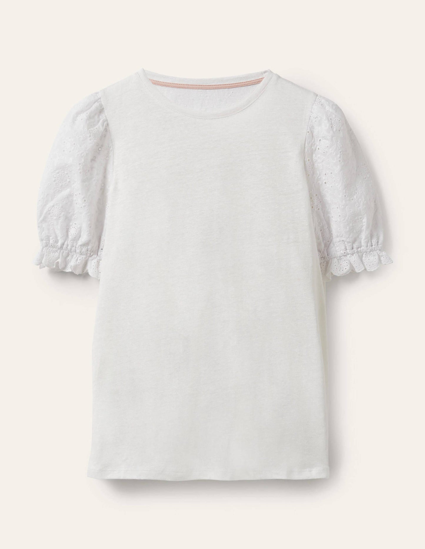 Broderie Sleeve Linen T-Shirt-White