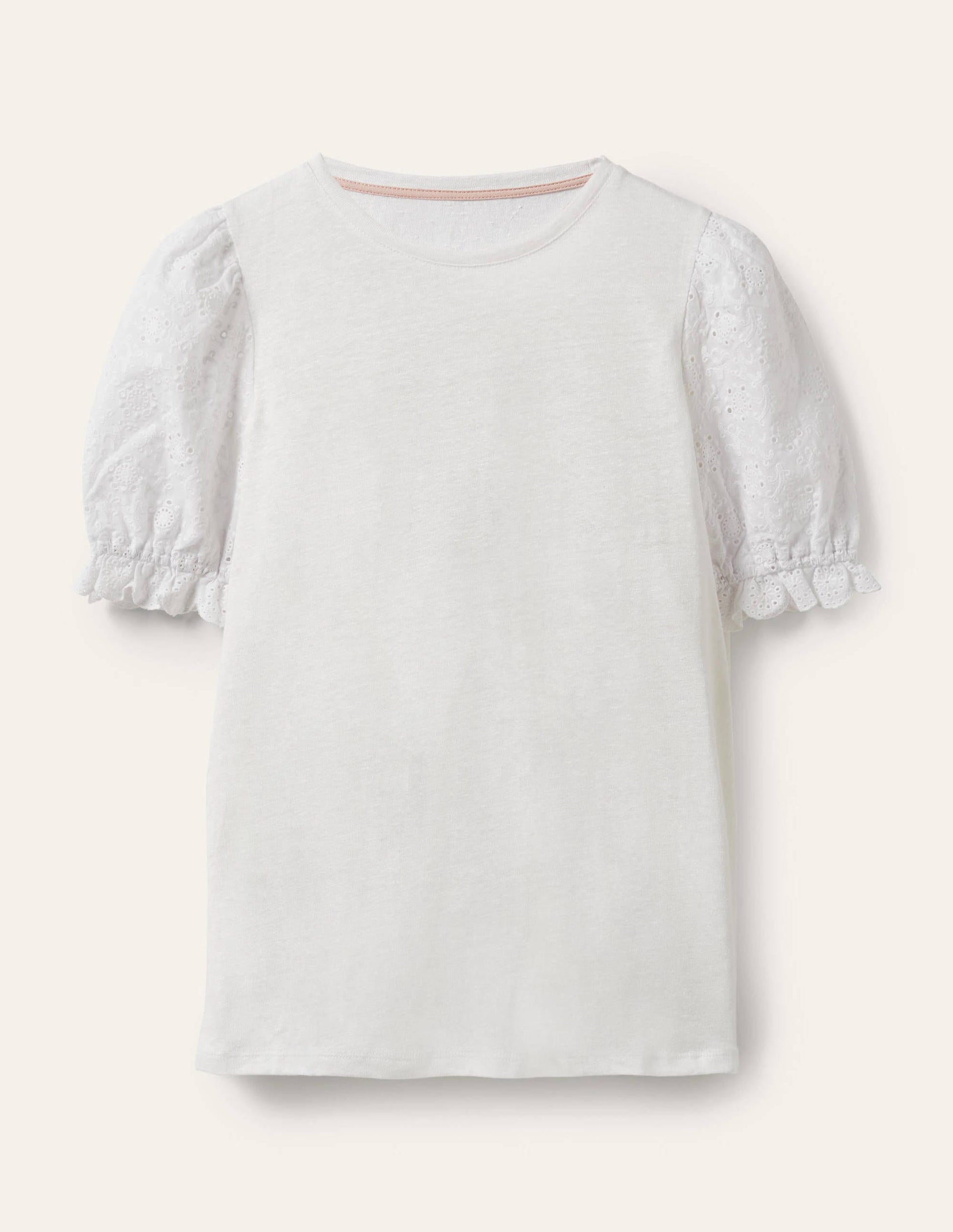 Broderie Sleeve Linen T-Shirt-White-5