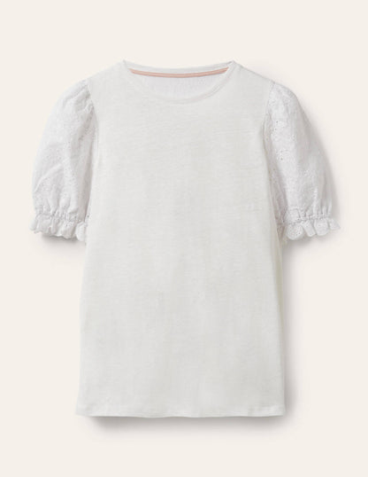 Broderie Sleeve Linen T-Shirt-White-5