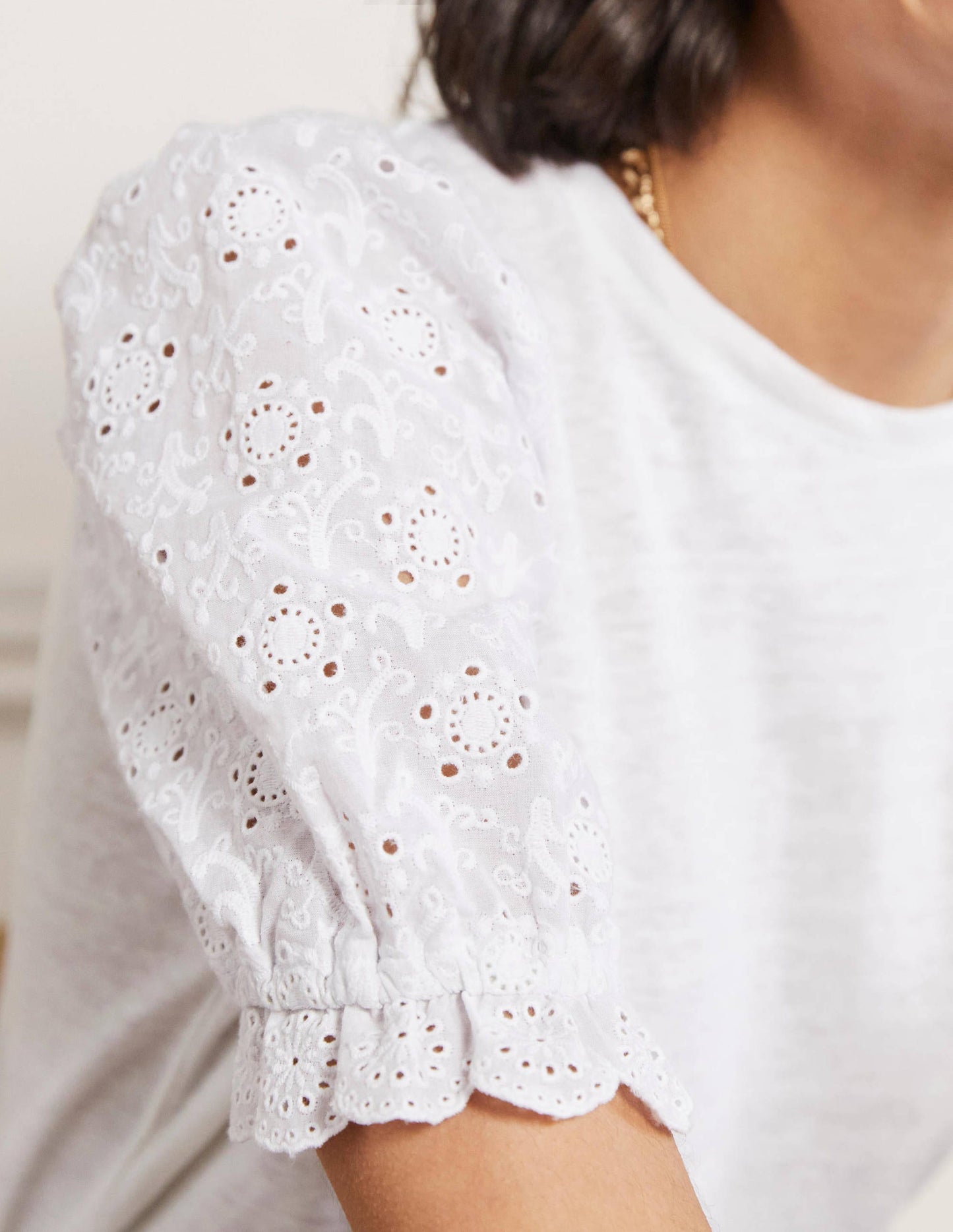 Broderie Sleeve Linen T-Shirt-White