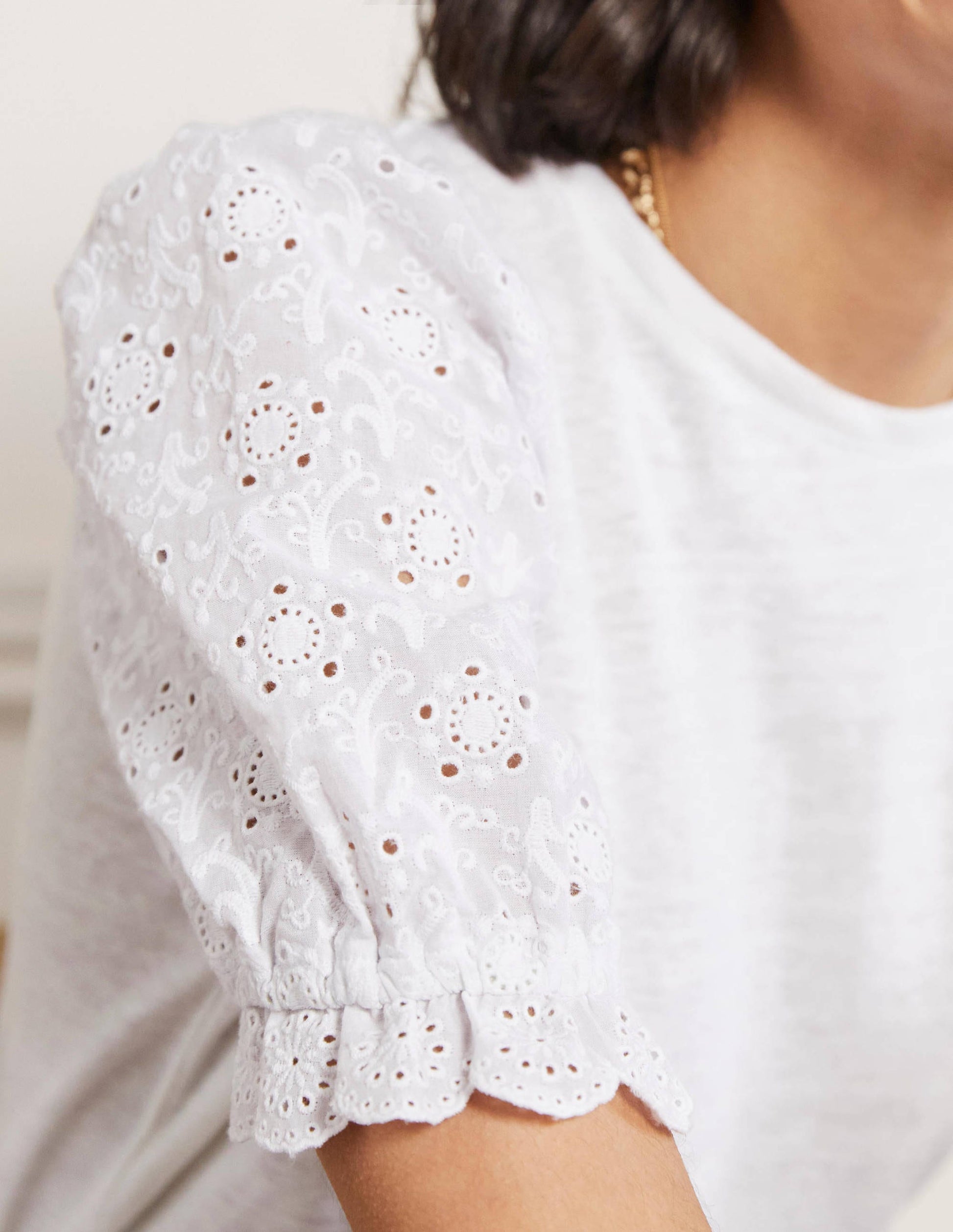 Broderie Sleeve Linen T-Shirt-White-2