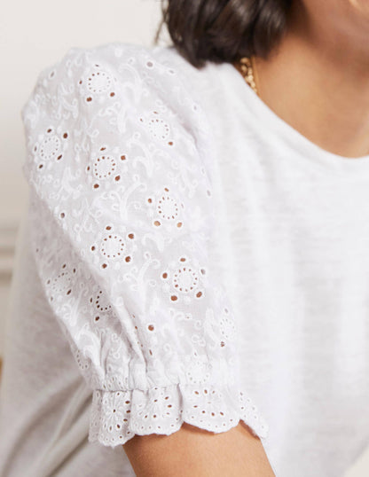 Broderie Sleeve Linen T-Shirt-White-2