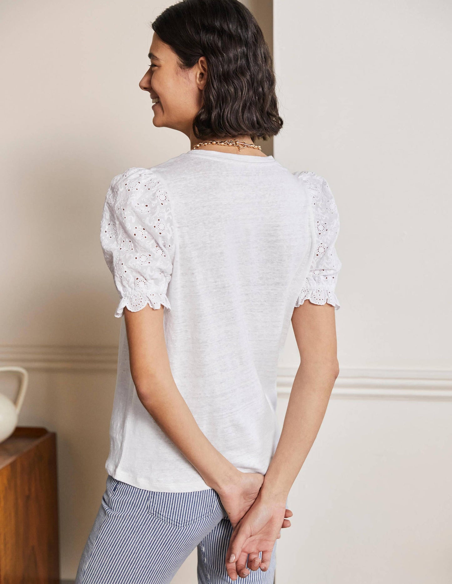 Broderie Sleeve Linen T-Shirt-White