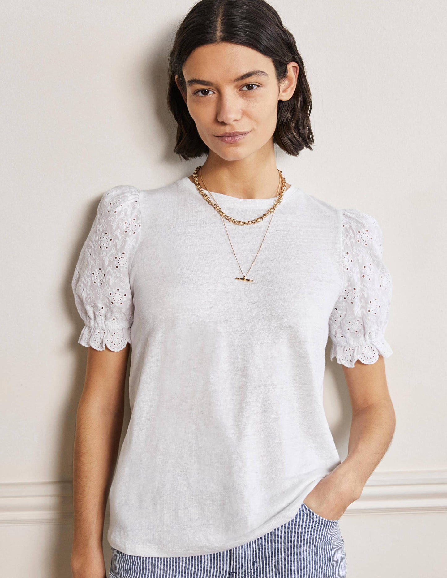 Broderie Sleeve Linen T-Shirt-White