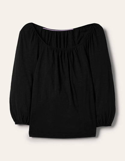 Blouson Sleeve Cotton Top-Black-5