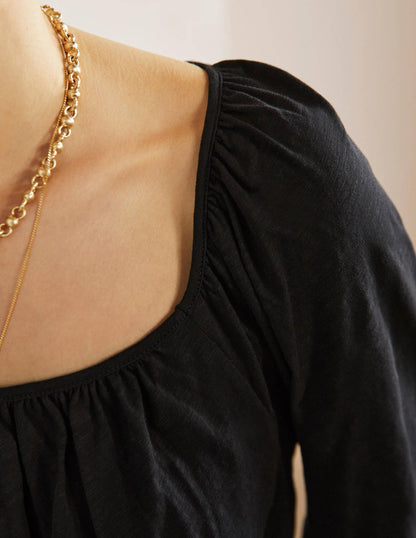 Blouson Sleeve Cotton Top-Black-2