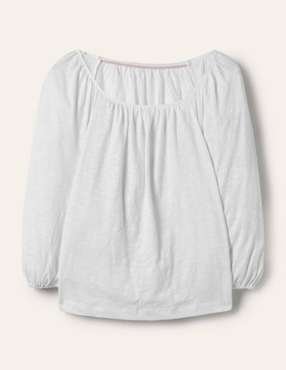 Blouson Sleeve Cotton Top-White-5