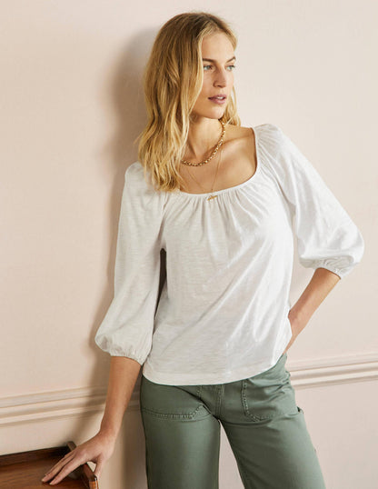 Blouson Sleeve Cotton Top-White-1