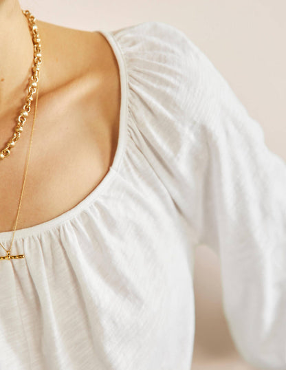 Blouson Sleeve Cotton Top-White-2