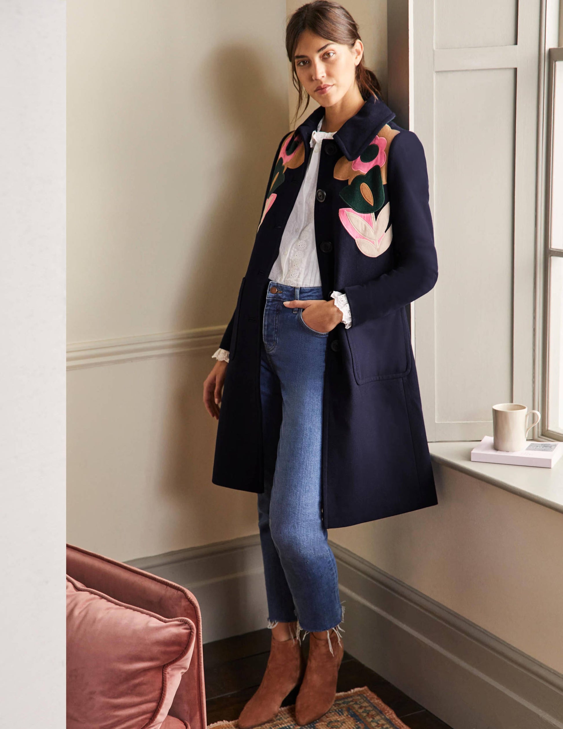 Amelia Appliqué Wool Coat-Navy-1